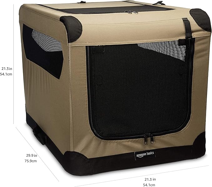 Amazon Basics 2-Door Portable Soft-Sided Folding Soft Dog Travel Crate Kennel, Medium (M 30" x 21" x 21"), Tan-PawvioPets