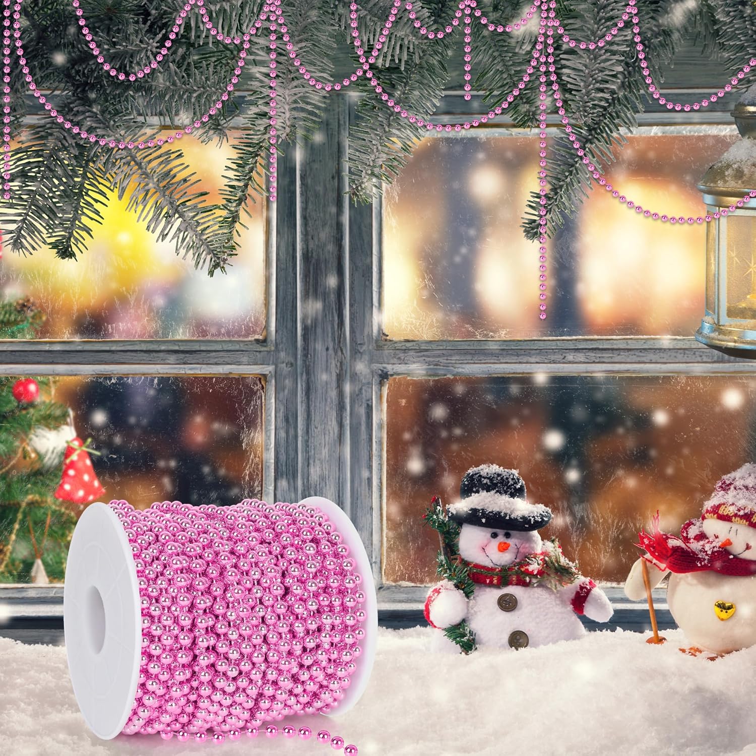 100 FT Pink Christmas Tree Beads Garland, Plastic Xmas Tree Beads Trim Chain Roll for Home, DIY Fireplace Holiday Decor Hanging Ornaments