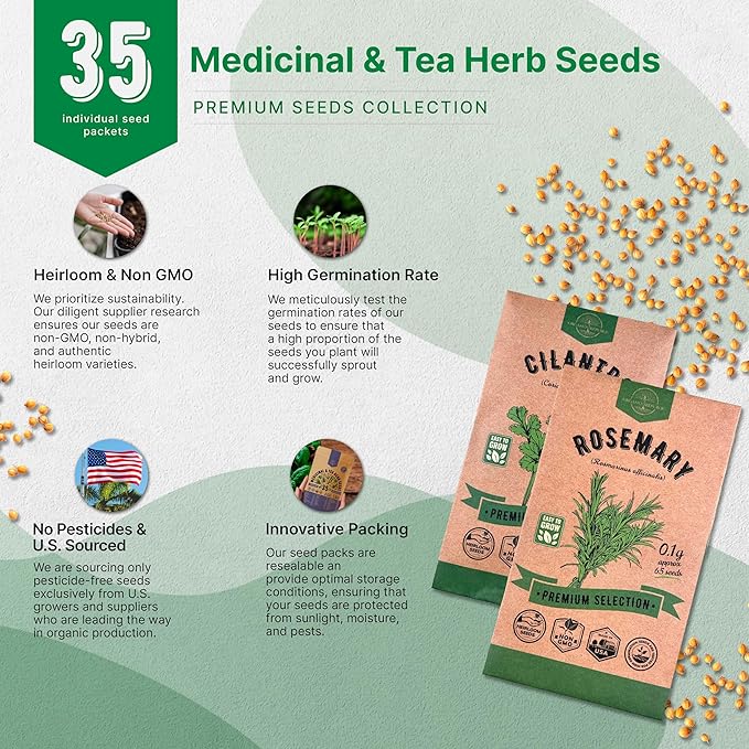 35 Medicinal & Tea Herb Seeds Variety Pack for Indoor & Outdoors. 16,335+ Non-GMO Heirloom Garden Seeds: Anise, Bergamot, Borage, Cilantro, Chamomile, Dandelion, Rosemary Seeds & More-PawvioPets