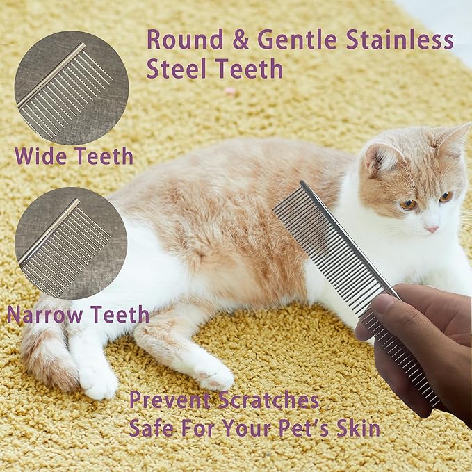 Cat Grooming Brush Kit 6 Tools - Deshedding & Dematting for Long/Short Hair, Self-Cleaning Slicker Brush with 6-in-1 Flea Comb for Cats & Kittens (Blue)-PawvioPets