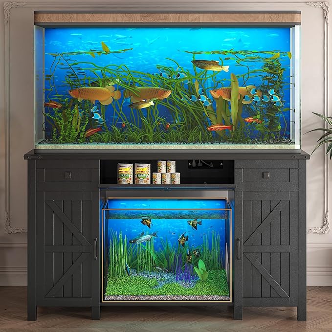 55-75 Gallon Aquarium Stand With Charging Station, Farmhouse Fish Tank Stand, Reptile Tank Stand Terrarium Stand with Drawer and Cabinet Storage, Sturdy Heavy Duty 53.5"×19.7" Tabletop - Black-PawvioPets