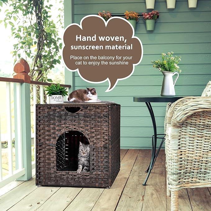 Cat Litter Box Enclosure with Litter Trapping Mat; Handwoven Plastic Rattan Kitten House; No Installation Hidden Cat Washroom; Pet Crate for Balcony,Bedroom,Living Room-PawvioPets