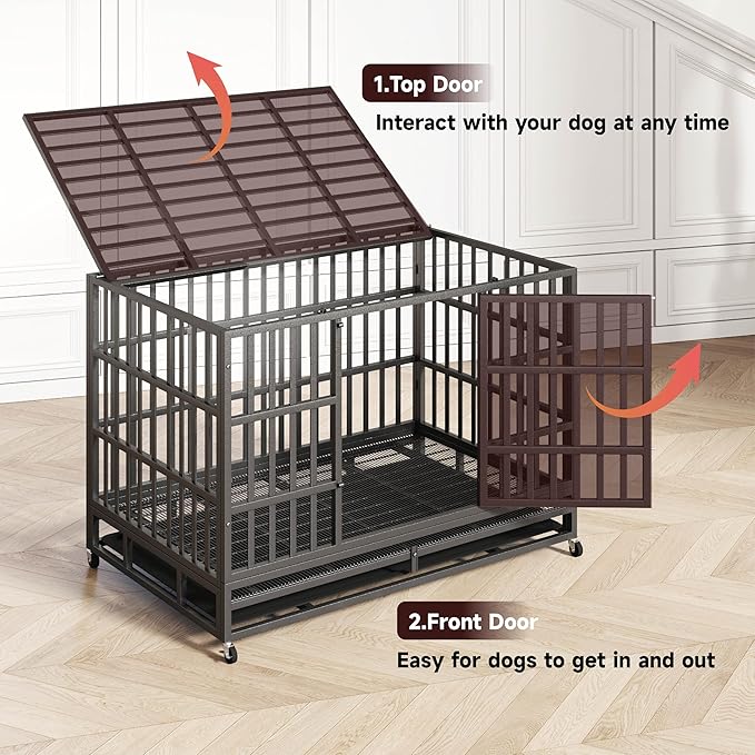 48 Inch Heavy Duty Indestructible Dog Crate Steel Escape Proof, High Anxiety Cage, Kennel with Wheels, Removable Tray, Extra Large XL XXL-PawvioPets