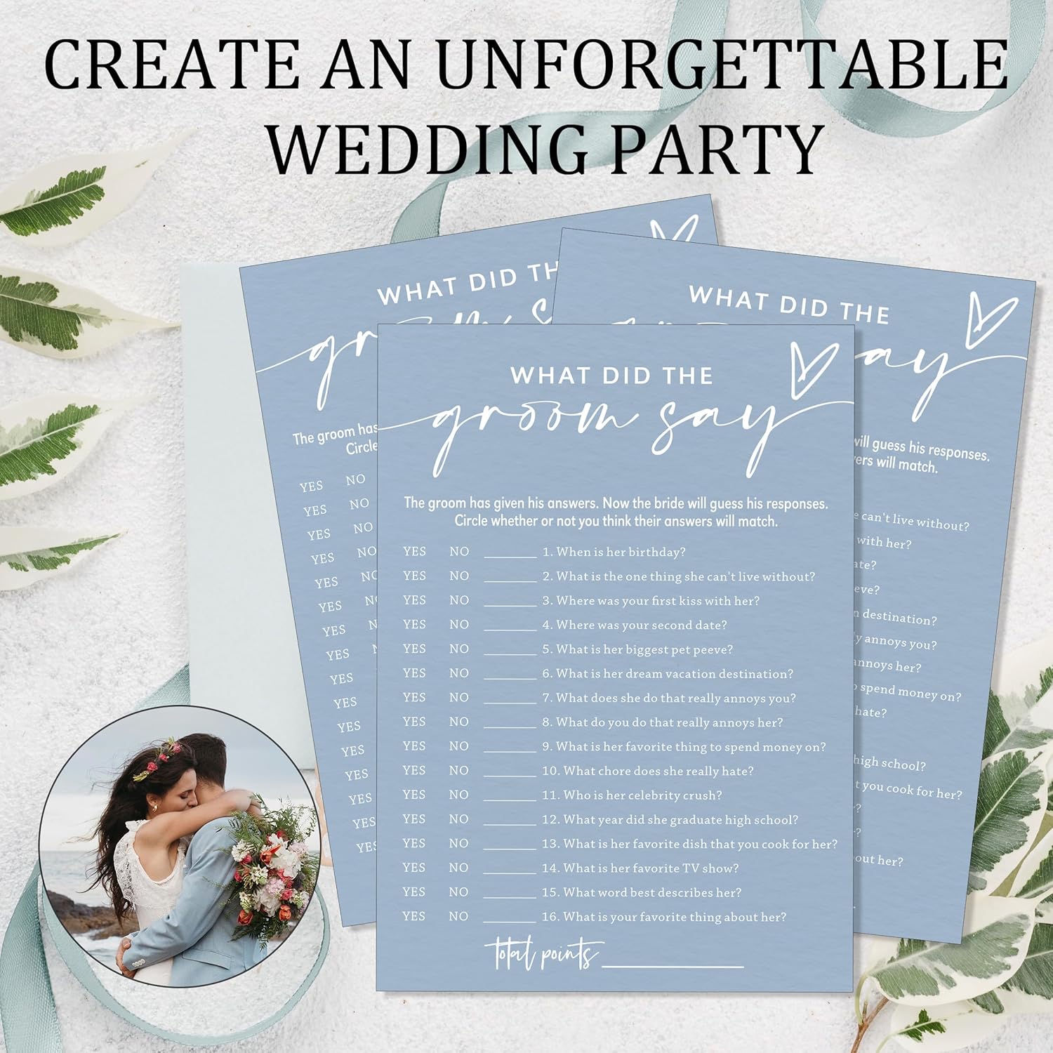 Fun Wedding Shower Games Cards, What Did the Groom Say, Bridal Shower Games for 25 Guests, Engagement Party Wedding Game Cards (5 × 7 Inch), Minimalist Blue Newlywed Party Gift & Supplies - B12