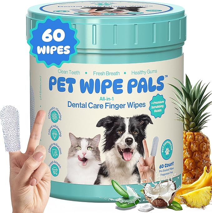 All-in-1 Dog Teeth Cleaning Wipes | Enzymatic Whitening + Premium Scrubbing Beads | No Mess, Pet Dental Wipes & Finger Tooth Brushing Kit | Plant-Based Dental Care for Cats & Dogs (60 Count)-PawvioPets