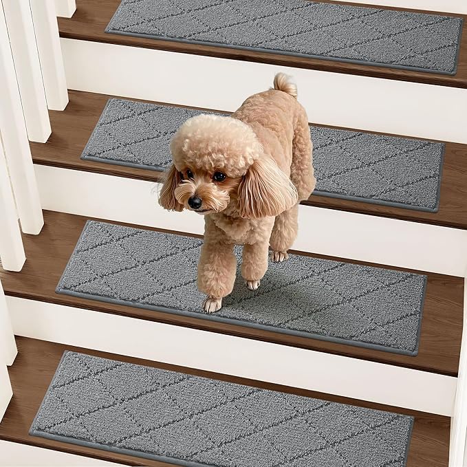 COSY HOMEER Stair Treads for Wooden Steps 9"x28" Washable Indoor Carpet Stair Treads Non Slip Soft Polyester Stair Carpet Tread Reusable Stair Runner Rugs for Kids, Elders,Pets,Medium Grey,4pcs-PawvioPets