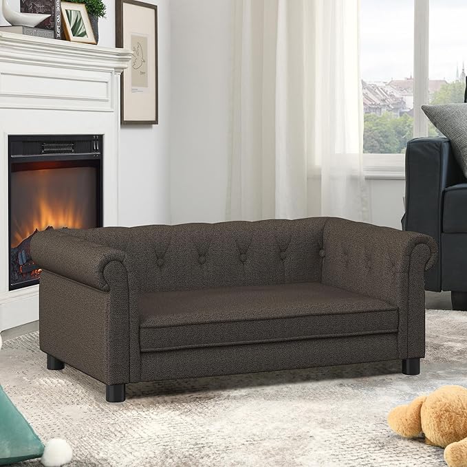 Dog Sofa Couch for Medium to Large Dogs, Memory Foam Pet Sofa Couch with Washable Fabric, Durable Elevated Dog Bed with Legs, Removable Cushion for Medium and Large Dogs, Dark Brown-PawvioPets