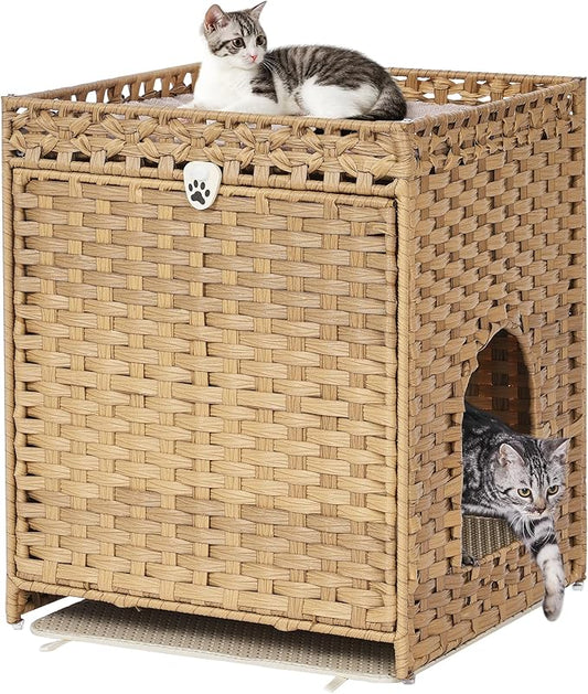 Cat Litter Box Enclosure with Soft Litter Mat; Hidden Cat Washroom Furniture with Door; Handwoven Rattan Cat House; Pet Crate for Living Room, Bedroom, Balcony (Natural)-PawvioPets