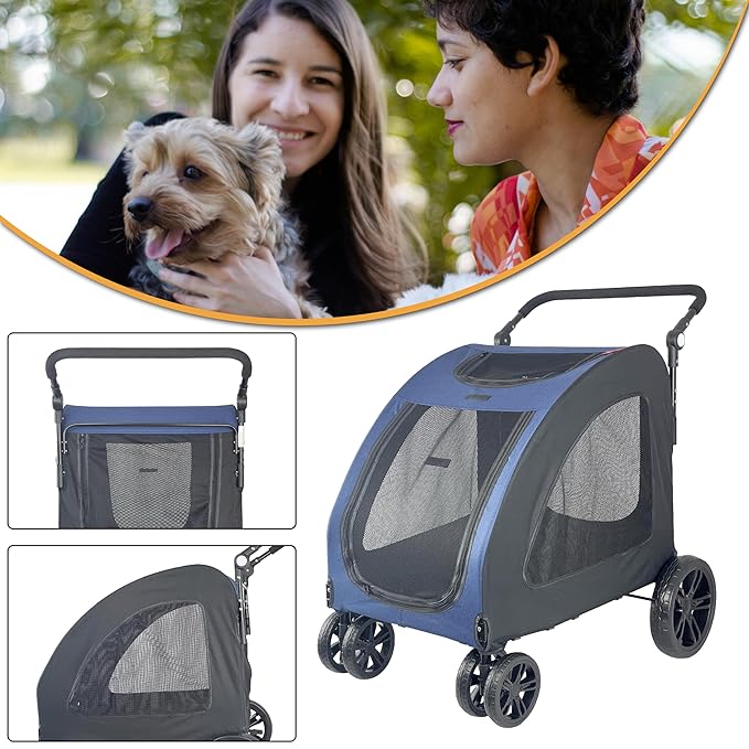 Extra Large Dog Stroller for Medium & Large Pets - Foldable Design, Adjustable Handle, Up to 130 lbs(Blue)-PawvioPets