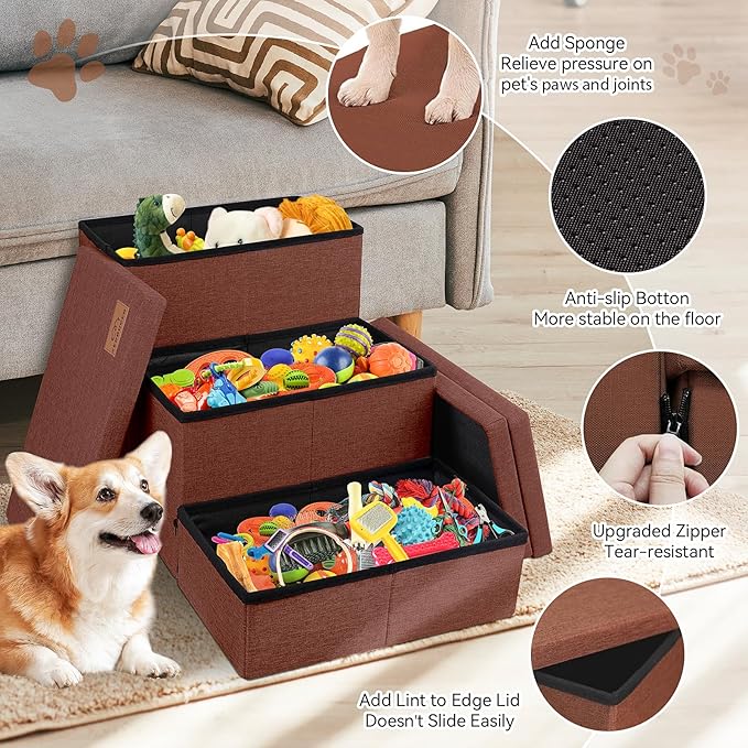 Dog Stairs with Storage 18" H, 3-Step Wider Dog Steps for Small/Medium/Large Old Dogs Cats, Folding Sturdy Pet Stairs Climbing Bed Couch, Ramp for Car Hold Up to 200 lbs (Brown, No Condo)-PawvioPets