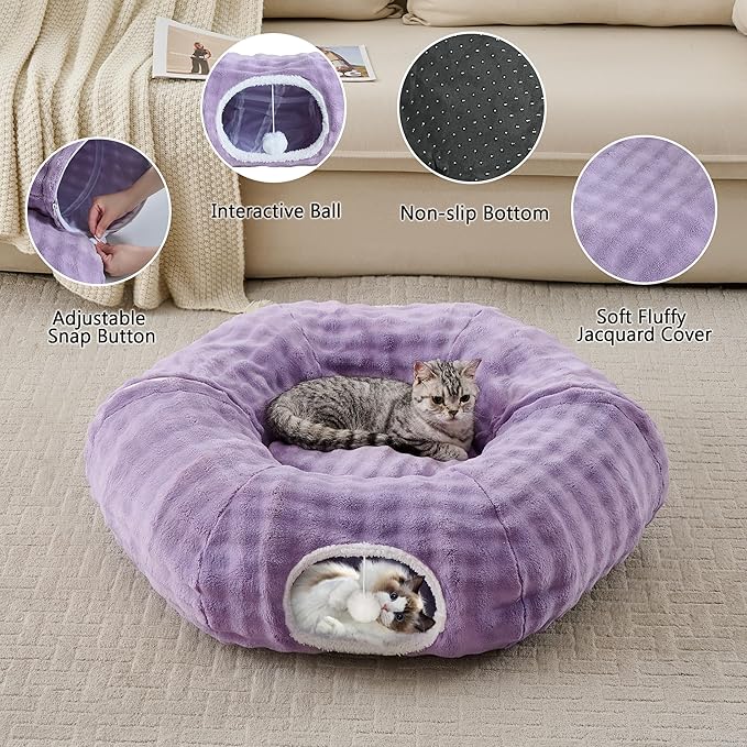 Bubble Cat Tunnel for Indoor Cats, Round Peekaboo Cave Toy with Dangling Balls, Donut Tunnel Bed with Circle Mat for Puppy Kitten Rabbit, Dusty Purple-PawvioPets