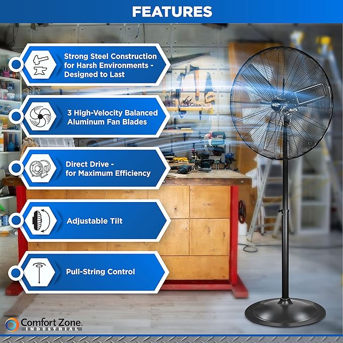 Comfort Zone Industrial Pedestal Fan, 30 inch, 3 Speed, High Velocity, Adjustable Height 56” to 76”, Metal, Meets OSHA Standards, Airflow 36 ft/sec, Ideal for Garage, Workshop or Warehouse, CZHVP30-PawvioPets