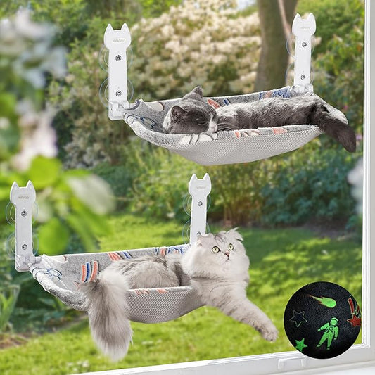 2 Pack Cat Window Perch, Glow in The Dark Foldable Cat Hammock with Sunken Design & Removable Soft Cover, Breathable Cordless Window Bed for Resting Indoor Kitten (Shallow Perch, 2 Pack - L)-PawvioPets