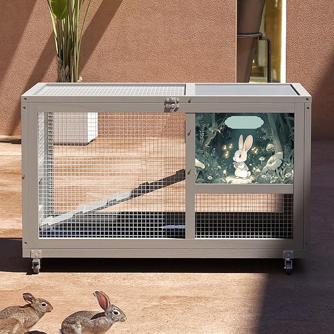 COZIWOW Fashionable Wood 36In Rabbit Hutch Indoor on Wheels Bunny Cage Outdoor Rabbit Cage with Clean Tray, Openable Roof, Anti-Slip Ramp for Small Bunny Rabbit (Grey with Pattern)-PawvioPets