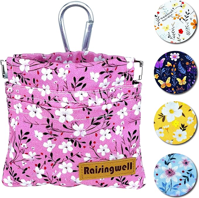 Dog Treat Pouch, Small Cotton Pocket Sized Training Holder, Hand Free Walking Fanny Bag with Carabiner, Self-Closing Pet Feed Snack Reward, Behavior Aids for Puppy Travel or Outdoor Use-PawvioPets