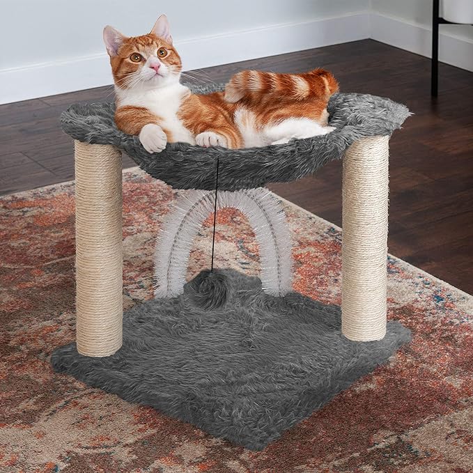 Furhaven 15.75" Tall Playground for Indoor Cats, Ft. Sisal Scratching Posts, Self-Grooming Brush, & Toy - Tiger Tough Hammock Interactive Playground - Silver, One Size-PawvioPets