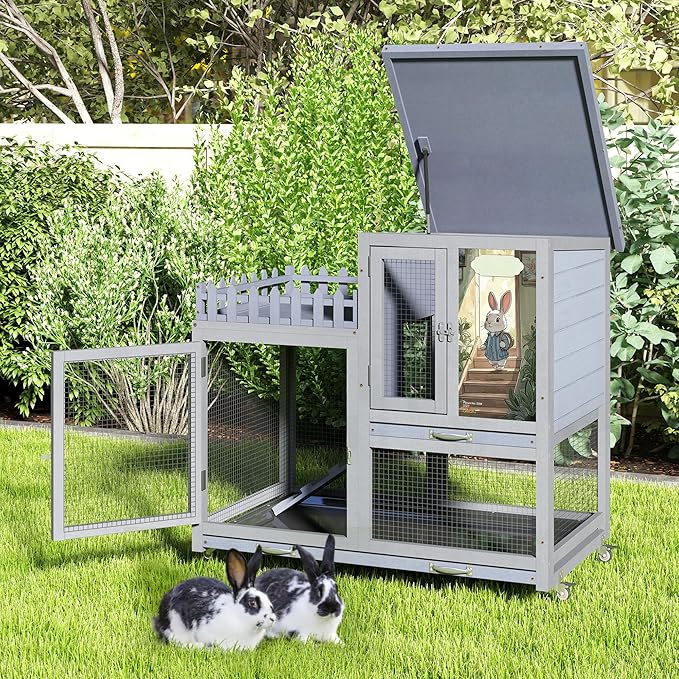 COZIWOW Double Layers Durable 38In Rabbit Hutch Indoor on Wheels, Small Animal Houses Habitat, Rolling Large Bunny Cage Outdoor with Removable Tray, Ramp, Two Story Bunny Cage（Grey with Pattern）-PawvioPets