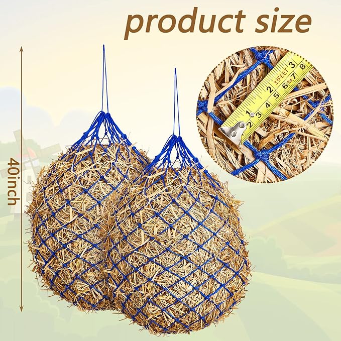Fabbay 4 Pcs Slow Feed Hay Net Feeder Hay Bag for Horses Slow Feeder 40 Inch Length with 2 Inch Holes Hanging Horse Feed Net for Goat Cattle Equine Stalls Barn Supplies(Blue)-PawvioPets