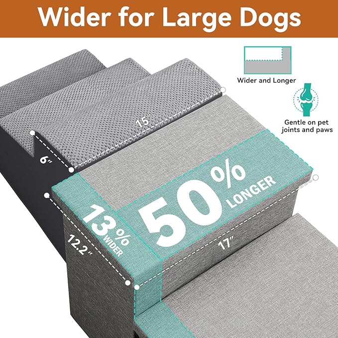Dog Stairs with Storage 23" H, 4-Step Wider Dog Steps for High Beds Window, Folding Sturdy Pet Stairs Gift for Injured Old Dogs Cats, Ramp for Climbing Car Up to 200 lbs,(Gray, No Condo)-PawvioPets