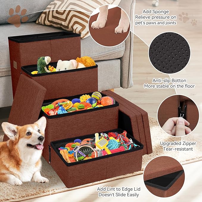 Dog Stairs with Storage 23" H, 4-Step Wider Dog Steps for High Beds Window, Folding Sturdy Pet Stairs Gift for Small/Medium/Large Old Dogs Cats, Ramp for Climbing Car Up to 200 lbs, Brown-PawvioPets