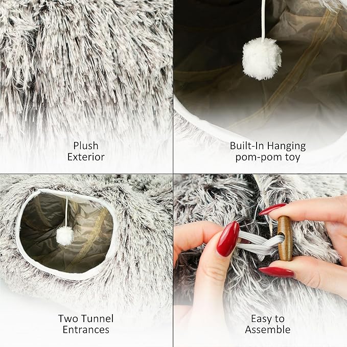 Cat Donut Bed with Washable Cushion – Cat Caves for Indoor Cats – Collapsible Donut Bed with Peekaboo Pet Tunnel Toy – Cozy Hideout for Kittens, Ferrets, Rabbits & Dogs - Brown-PawvioPets