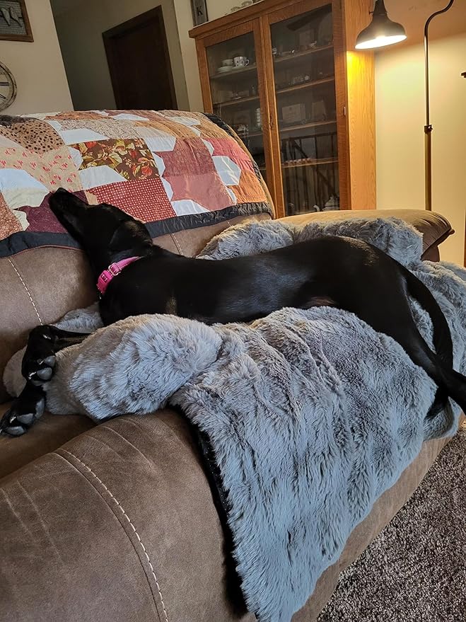 FUNNY FUZZY Pet Fluffy Plush Calming Dog Couch Bed Sofa Protector Washable Pets Mat for Large Medium Small Dogs and Cats (Grey,47.24 × 37.4 × 6.3 in)-PawvioPets