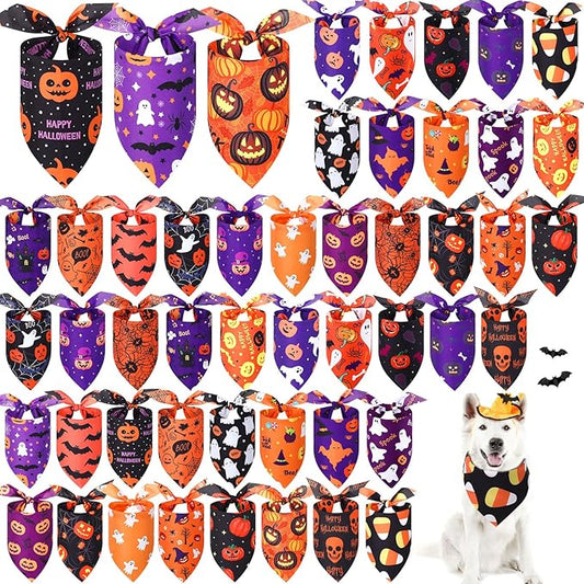 Abbylike 50 Pcs Halloween Dog Bandanas Bulk Pumpkin Bandanas for Dogs Triangle Kerchief Bibs Scarf Set for Pet Halloween Costume Photo Props Accessories Pet Shops, 25 Styles (31.5 x 21.7 x 21.7")-PawvioPets