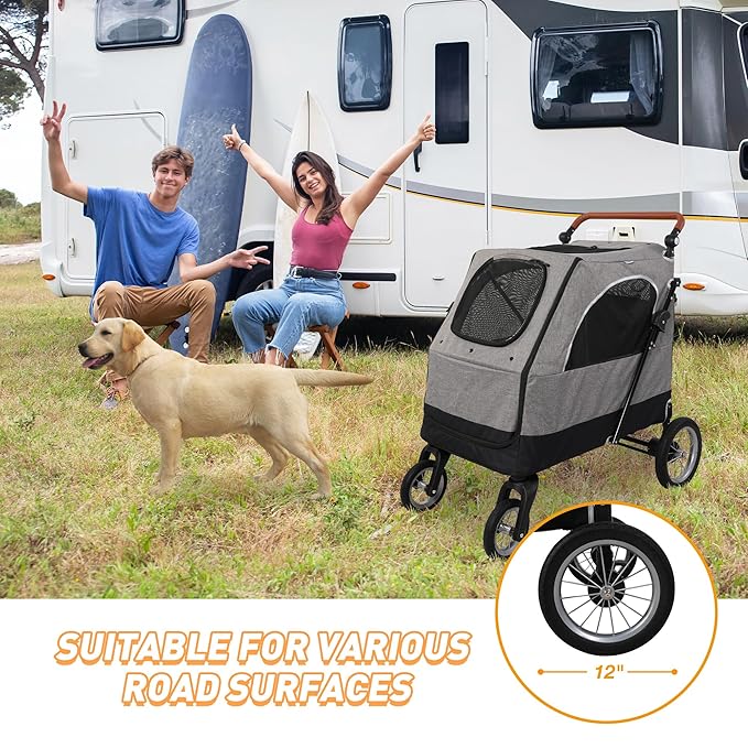 4 Wheel Pet Stroller with Storage Basket - Foldable & Breathable with Mesh Skylight, Large Dog Stroller with Adjustable Handle - Ideal for Travel and Walking with Medium to Large Dogs, Up to 120 lbs-PawvioPets