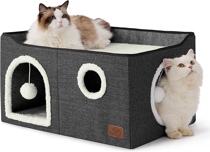 Bedsure Large Cat Beds for Indoor Cats - Extra Wide Cat Cube House for Small Pet with Fluffy Ball Hanging and Scratch Pad, Foldable Pet Cave Hideaway for Multiple Cats, 23.6x16.9x13 inches, Dark Grey-PawvioPets