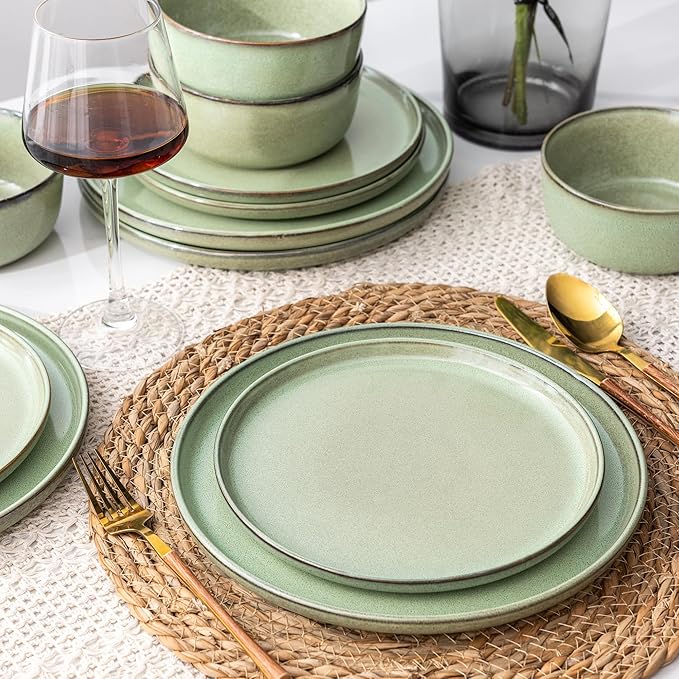 GBHOME Ceramic Dinnerware Sets for 8, 24 Pieces Stoneware Plates and Bowls Sets, Scratch Resistant Dishes, Dishwasher & Microwave Safe-Pastel Green-PawvioPets