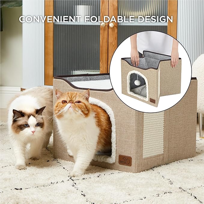 Bedsure Cat Beds for Indoor Cats - Large Cat Cave for Pet Cat House with Fluffy Ball Hanging and Scratch Pad, Foldable Cat Hideaway, 16.5x16.5x13 inches, Brown-PawvioPets