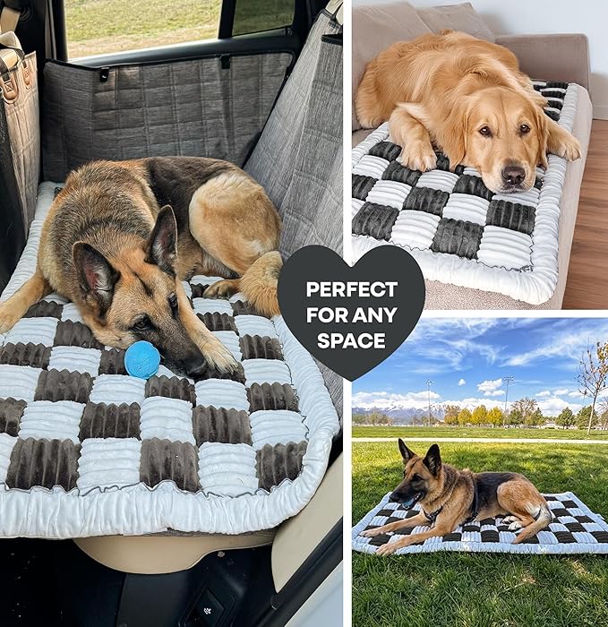 APetsPlanet Dog Bed for Car Back Seat Extender - Non-Slip Backseat Cushion for Dogs - Travel Plush Pet Mat Topper for Cars, Trucks, SUVs - Machine Washable Pad Blanket - Black Plaid, 54" x 24.8"-PawvioPets