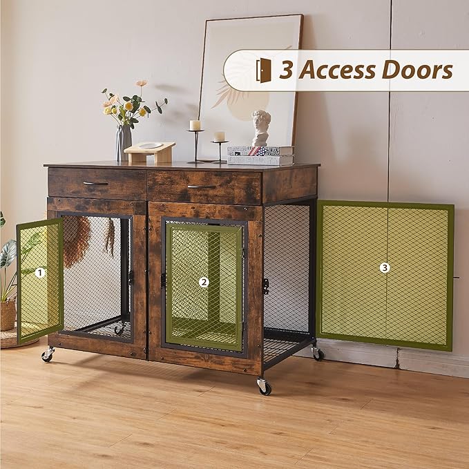 43" Large Dog Crate Furniture, Wood Dog Kennel End Table with Drawers, Decorative Pet Crate with Removable Partitions & Wheels, Dog House Indoor for Large/Medium/Small Dogs-PawvioPets