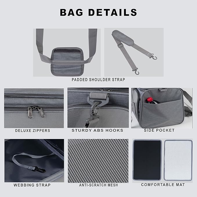 Airline Approved Soft Sided Pet Carrier for Small and Medium Dogs, Cats, and Puppies (Up to 15 lbs), Collapsible Portable Travel Bag for Dogs Cats (Grey)-PawvioPets