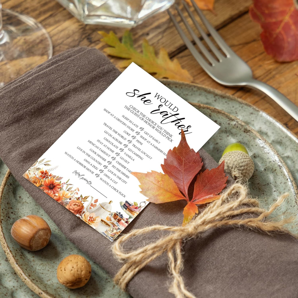 Fall Bridal Shower Games Cards, Would She Rather Wedding Bachelorette Party Games, Fall in Love Bridal Shower Decorations, 25 Cards, G01