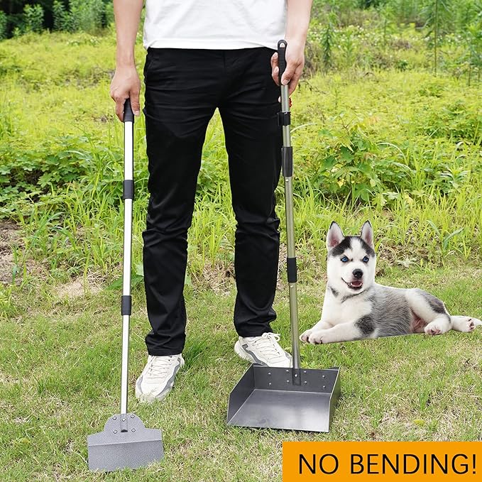 Dog Pooper Scooper for Large Dogs, Metal Aluminum Tray and Spade Poop Scoop Set with Adjustable Stainless Steel Long Handle, Pet Waste Removal Heavy Duty Poop Scooper-PawvioPets