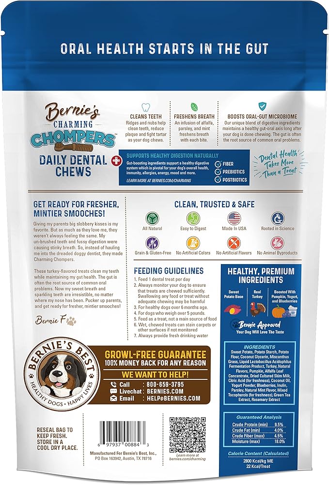 Bernie's Charming Chompers - Daily Dental Chews for Dogs 5-15 Lbs. - 22 Count - Cleans Teeth, Freshens Breath, + Boosts Oral-Gut Microbiome. Easy to Digest, Supports Healthy Digestion Naturally-PawvioPets