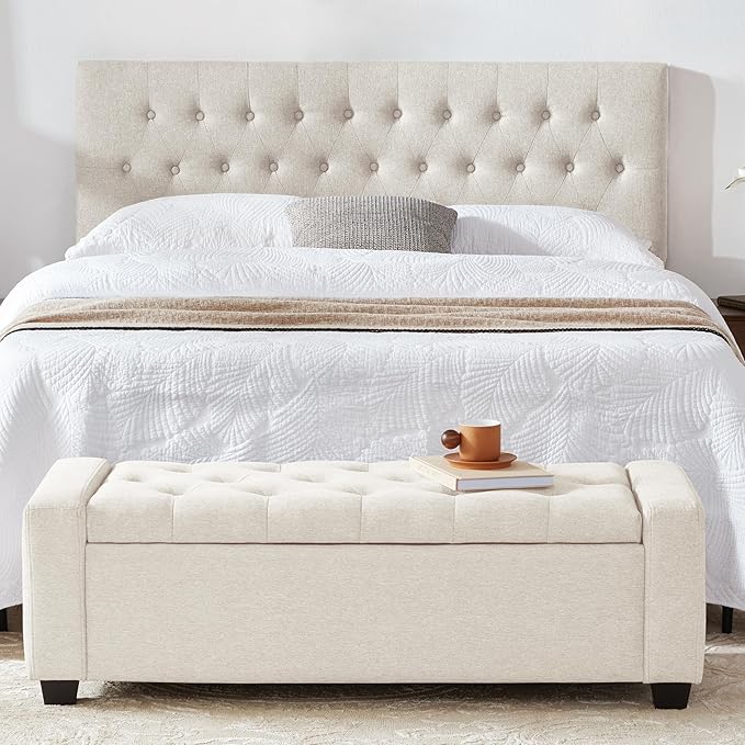 48" Ottoman with Storage, Storage Ottoman Bench with Safety Hinge, Upholstered Entryway Bench with Seating for Bedroom, Living Room, Holds up to 330 lb, Beige-PawvioPets