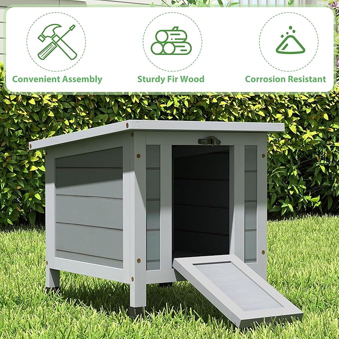 Coziwow Rabbit Hutch, Outdoor Cat House Weatherproof, Bunny Cage Indoor with Openable, Portable Small Animals Shelters with Nonslip Ramp for Hideout Rabbits/Feral Cats/Chicken/Duck/Small Animals-Gray-PawvioPets