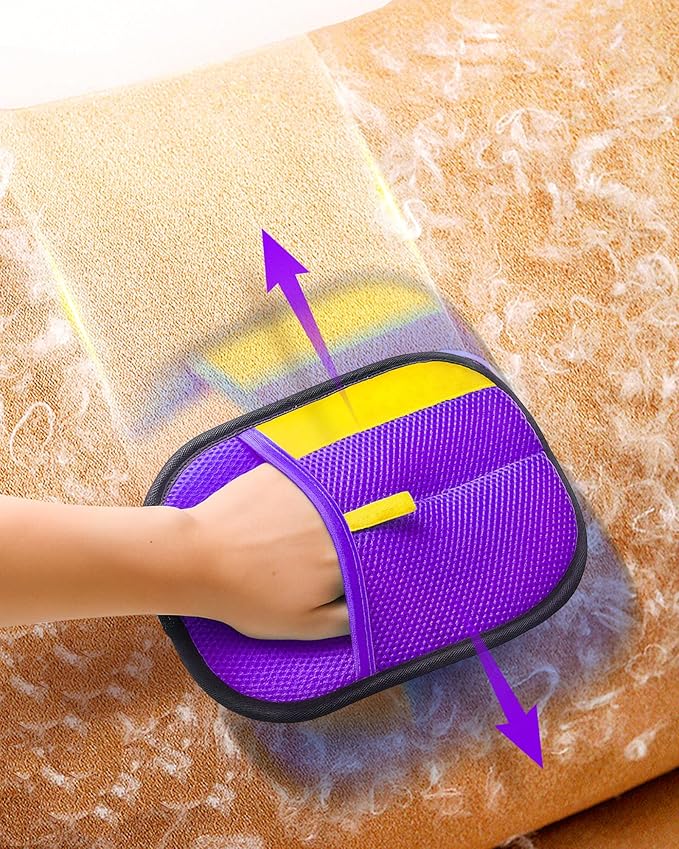 2025 Thickened Electrostatic Pet Hair Removal Gloves (2 Pcs) - Reusable Strong Grooming Gloves for Cats & Dogs, Hair Remover for Couch, Furniture, Carpet, Car Seats & Clothing (Purple)-PawvioPets