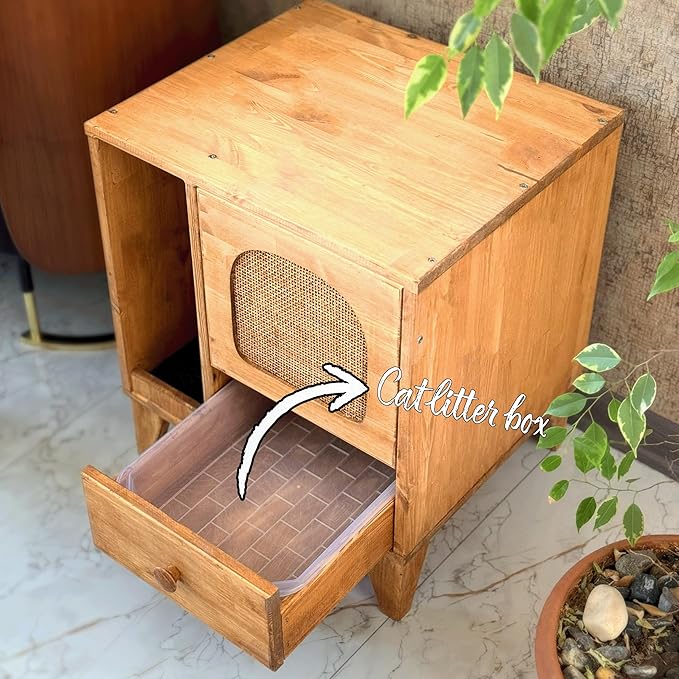 Cat Litter Box | Hidden Litter Box Furniture with Removable Divider | Wooden Cat Washroom Furniture | Indoor Cats House (Wood)-PawvioPets