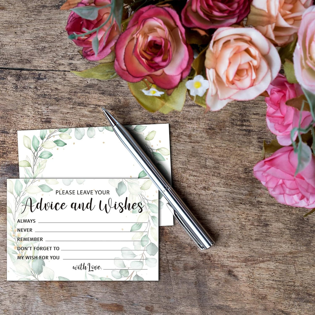 Greenery Advice and Wishes Cards, 25 Pcs Eucalyptus Double Sided Advice Cards for The Bride and Groom, Mr and Mrs, Bride Shower, Wedding Reception, Engagement Party(02)