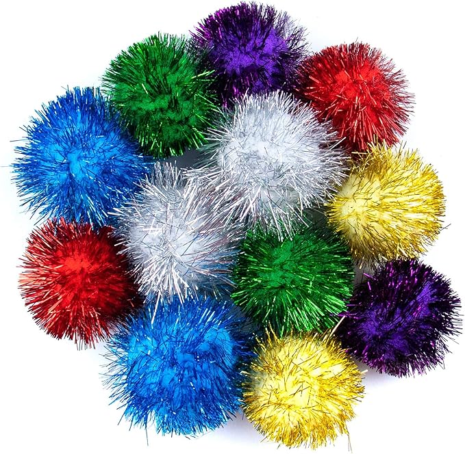 AUEAR, 12 Pack 2 Inch Sparkle Ball Shiny Glitter Tinsel Pom Poms Interactive Cat Balls for Kittens (6 Colors)-PawvioPets