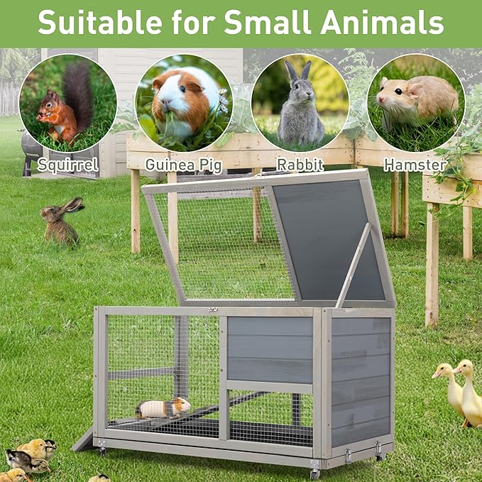 COZIWOW Wooden 36Inches Rabbit Hutch Outdoor with Wheels Bunny Cage Indoor Rabbit Cage with Clean Tray, Openable Roof, Anti-Slip Ramp for Small Bunny (Grey with Pattern)-PawvioPets
