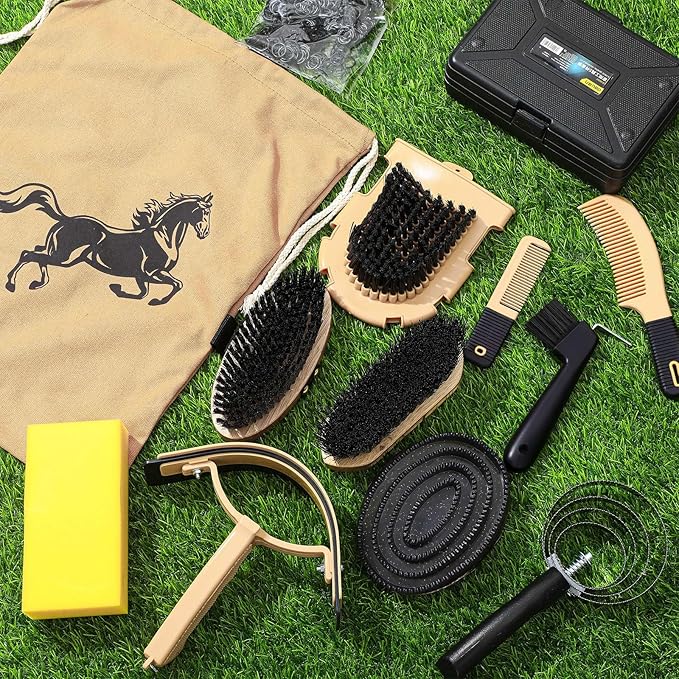 Abbylike 12 Pieces Horse Grooming Kit Racing Festival Tack Room Supplies Horse Brush Sets Equine Care Cleaning Kit Shedding Grooming Massaging Tools(Black)-PawvioPets