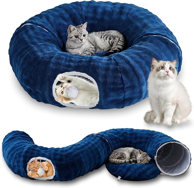Bubble Cat Tunnel for Indoor Cats, Round Peekaboo Cave Toy with Dangling Balls, Donut Tunnel Bed with Circle Mat for Puppy Kitten Rabbit, Navy Blue-PawvioPets