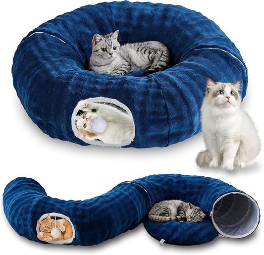 Bubble Cat Tunnel for Indoor Cats, Round Peekaboo Cave Toy with Dangling Balls, Donut Tunnel Bed with Circle Mat for Puppy Kitten Rabbit, Navy Blue-PawvioPets