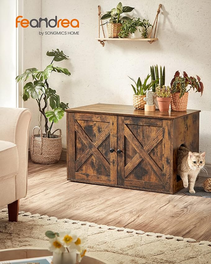Feandrea Cat Litter Box Enclosure, Litter Box Furniture Hidden with Removable Divider, Indoor Cat House, End Table, 31.5 x 20.9 x 19.7 Inches, Rustic Brown UPCL002X01-PawvioPets