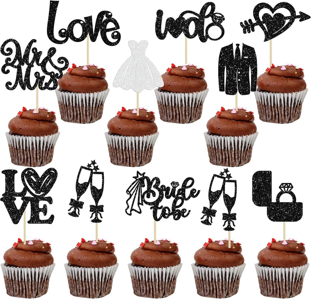 Ephlyn 30Pcs Bride to be Cupcake Toppers Glitter Wedding Cake Topper Decorations I Do Love Heart Ring Cupcake Picks for Bridal Shower Wedding Engagement Party Supplies Black