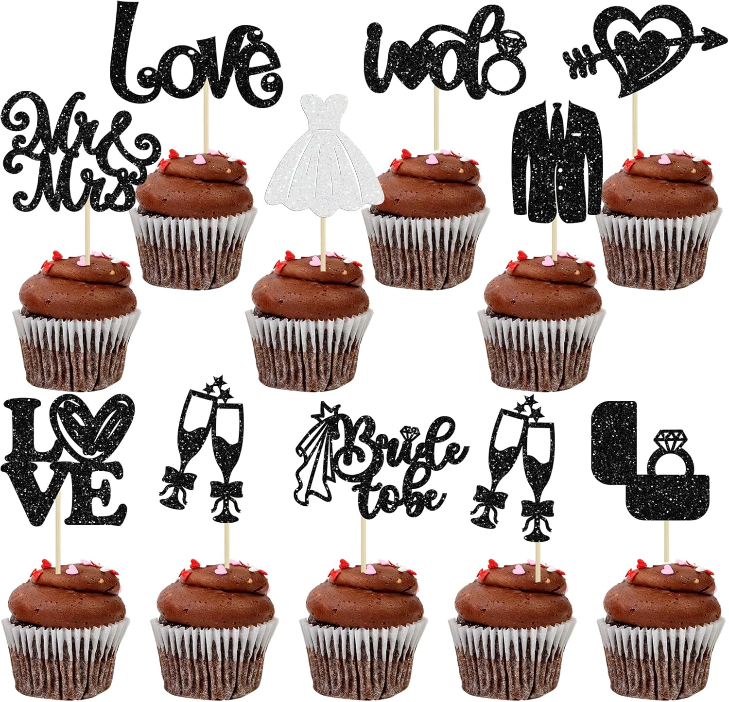 Ephlyn 30Pcs Bride to be Cupcake Toppers Glitter Wedding Cake Topper Decorations I Do Love Heart Ring Cupcake Picks for Bridal Shower Wedding Engagement Party Supplies Black